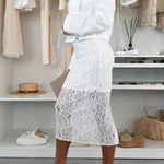 Lesia Floral Lace High Rise Slit Stretch Midi Skirt