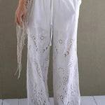 Linen Blend Solid Color Hollow Loose Vest and Elastic Waist Casual Pocket Wide Leg Pants Set