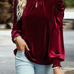 Red Mock Keyhole Neck Puff Sleeve Velvet Blouse
