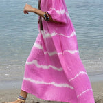 Striped tie-dye bubble half-sleeve V-neck casual dress