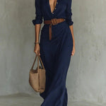 City Sleek Single Breasted Long Sleeve Warp Slit Shirt Maxi Dress