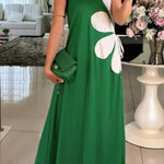 Solid Color Round Neck Floral Maxi Dress
