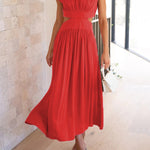 Cap Sleeve Belly-Hollow Pleated Solid Color Stand Collar Maxi Dresses