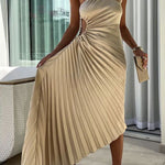 Romantic Nights Satin Raised Flower Elastic Cutout One Shoulder Pleated Maxi Dress