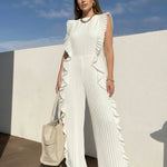 Loose Sleeveless Pleated Ruffled Solid Color Split-Joint Round-Neck Jumpsuits