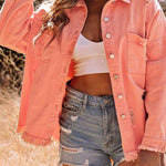 Distressed Raw Hem Denim Jacket with Chest Pockets