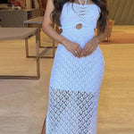 Sunset Beach Stroll Knit Texture Cutout Detail Halter Stretch Maxi Dress
