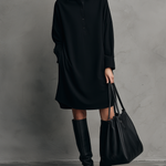 Women's Casual Black Sweatshirt-material Dress With Shirt Collar, Long Sleeves, And A Loose Fit