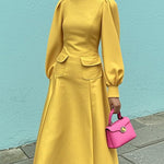 A-Line Long Sleeves Pleated Pockets Solid Color Mock Neck Maxi Dresses