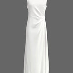 Sleeveless Gauze Pleated Solid Color Split-Joint Round-Neck Evening Dresses Maxi Dresses