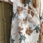 Botanical Print Long-sleeve Pocketed Single-breasted Loose Shirt Style Midi Dress
