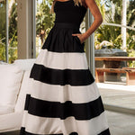 A-Line High Waisted Contrast Color Pockets Striped Tube Maxi Dresses