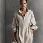 Women's Beige Relaxed Cotton Drawstring - Detail Maxi Dress