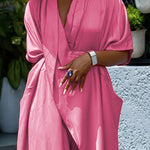Loose Short Sleeves Asymmetric Pleated Solid Color Split-Joint V-Neck Maxi Dresses Shirt Dress