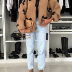 Vernie Knit Jewelry Pendant Bow Pattern Front Tie-up Long Sleeve Loose Cardigan