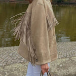 Retro-style coat with lapel and fringed suede