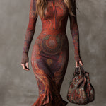 Bohemian Half-zip Ethnic Printed Knitted Fishtail Hem Midi Dress