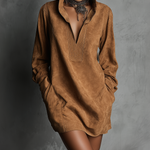Women's V-neck Suede Embossed Long-sleeved Casual Dress
