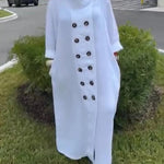 Long Sleeves Loose Buttoned Solid Color Stand Collar Maxi Dresses