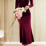 Velvet V-neck pleated hip skirt elegant fishtail slim dress evening dress
