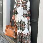 Gracie Paisley Print Button Up Bell Sleeve A-line Maxi Dress