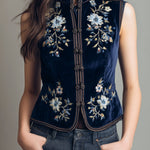 Boho Mandarin Collar Navy Velvet Embroidered Vest