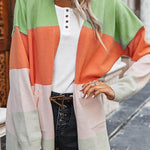 Contrasting rainbow paneled striped long cardigan sweater with pockets