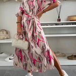 Elegant Ease Satin Printed Tie-Waist Midi Dress