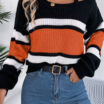 Striped Contrasting Metal Buckle Loose Long-sleeved Knitted Sweater