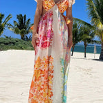 Blooming Beauty Multicolor Floral Frill Cutout Back Tie-up Maxi Dress
