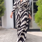 Long Sleeves Wide Leg Split-Joint Tied Waist Zebra Printed Lapel Jumpsuits
