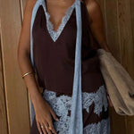 Sunday Social Contrast Color Satin Lace Trim Neck Strap Loose Tank