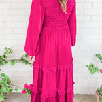Rose Red Shirred V Neck Long Sleeve Velvet Dress