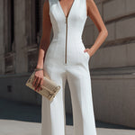 Sleeveless Deep V-Neck Tailored Wide-Leg Jumpsuit