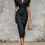 Ladies Solid Color Lapel V-neck Short Sleeve Waist Midi Dress