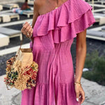 Cotton Blend Ruffle One Shoulder Belt Maxi Dress