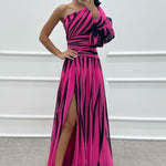 One-Shoulder Rose Detail Patterned Design Dress
