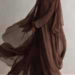 Women's Rich Brown Chiffon Dress With Flowy Maxi Silhouette & Cape-like Design, Modern Elegant-Glam Style Dress