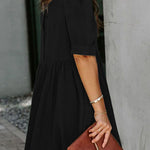 Black Pocketed Puff Sleeve Empire Waist Swing Short Dress