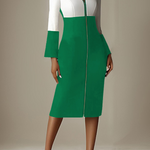 Long Sleeves Contrast Color Split-Joint Zipper Stand Collar Midi Dresses