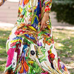 Long Sleeves Loose Asymmetric Printed Split-Joint Lapel Maxi Dresses Shirt Dress