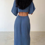 Lace-up Exposed Waist Cotton and Linen Dress