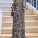 Loose Puff Sleeves Pleated Printed Split-Joint Deep V-Neck Jumpsuits