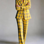 Elasticated Waist High Waisted Buttoned Contrast Color Plaid Split-Joint Notched Collar Blazer Outerwear
