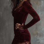 Sparkling Velvet Lace-Trim Mini Dress – Spiced Wine Red