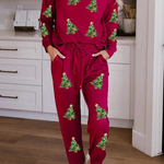 Casual Party Santa Claus Christmas Tree Candy Sequins Lace Up O Neck Long Sleeve Two Pieces