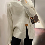 Long Sleeves Loose Split-Front Mock Neck Pullovers Sweater Tops