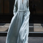 Long Sleeves Loose Elasticity Solid Color V-Neck Maxi Dresses