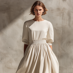 Women's Elegant, Natural-colored Cotton And Linen Blend Round-neck, Short-sleeved, Loose-fitting Long Dress