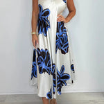 Satin Unique Print V-neck Suspender Midi Dress